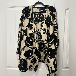 INC XL Metallic Shimmer Faux Leather Trim Open Front Cardigan Floral Pattern